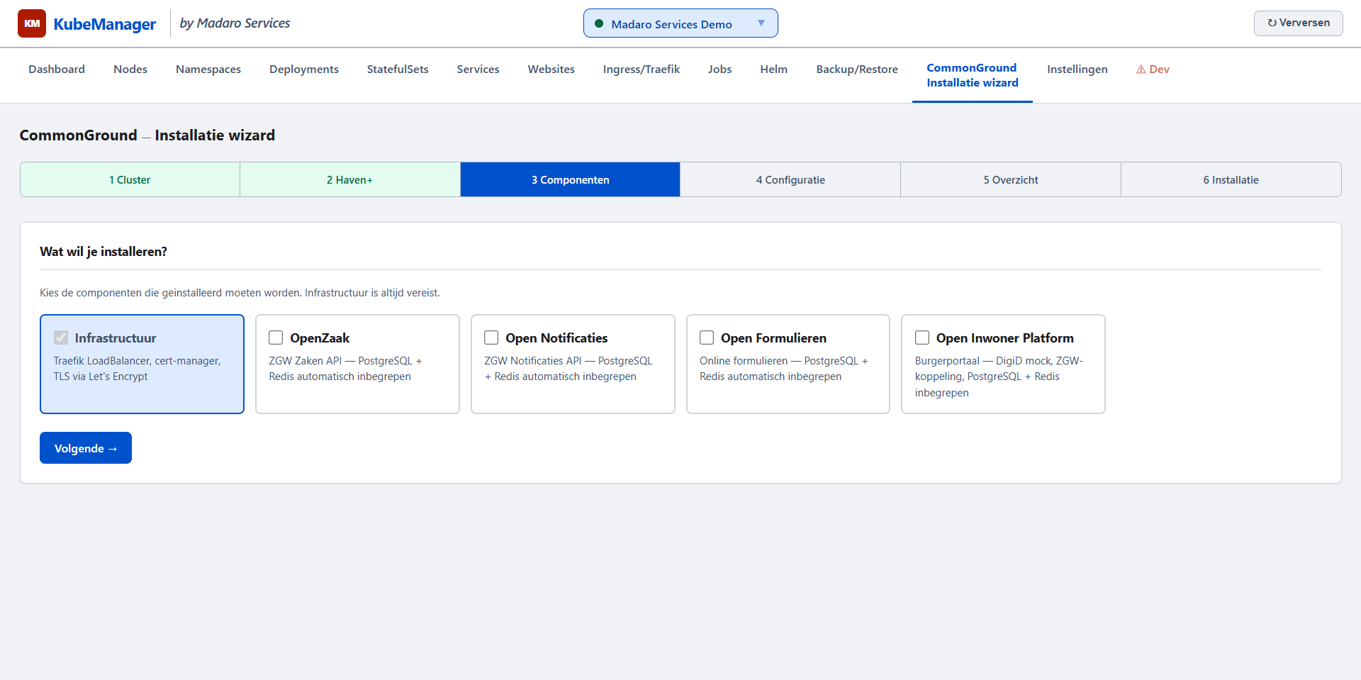 Screenshot van de KubeManager CommonGround Installatie wizard